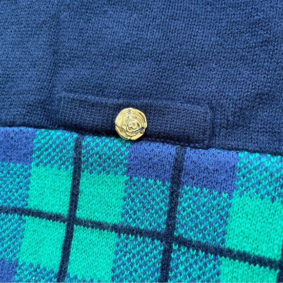 JANIE AND JACK Baby Navy Cotton Blend Gold Trim Green Tartan Dress - Picture 4 of 7